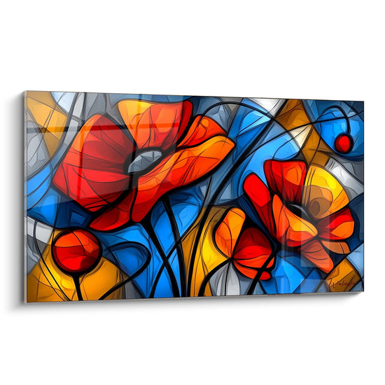 Tableau abstrait style vitrail avec formes organiques rouges bleues oranges edition coquelicot
