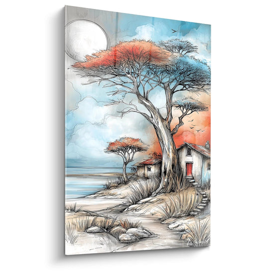 Tableau paysage africain moderne avec des arbres majestueux et des maisons au bord de l'eau