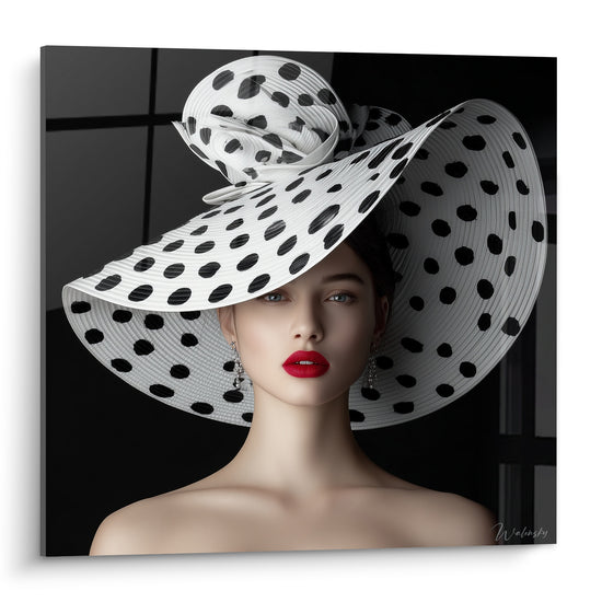 Portrait féminin coiffé d'un chapeau blanc à pois noirs, lèvres rouges, fond noir graphique