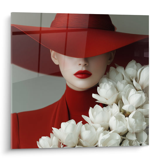 Tableau Femme au chapeau rouge et fleurs blanches - Mystère raffiné - Edition Accessoires de mode