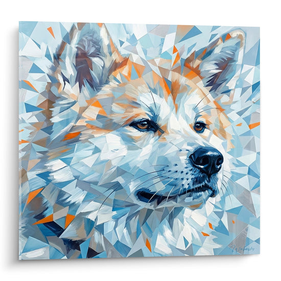 Tableau moderne Akita Inu style geometrique fragmente bleu orange facettes cristallines portrait chien