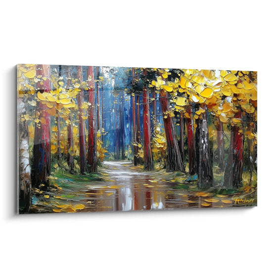 Tableau mural allée forestière automnale avec arbres dorés et chemin reflétant la lumière