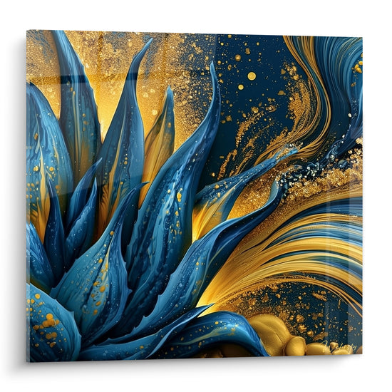 Aloe vera aux feuilles bleu marine et éclats dorés, composition fluide et scintillante