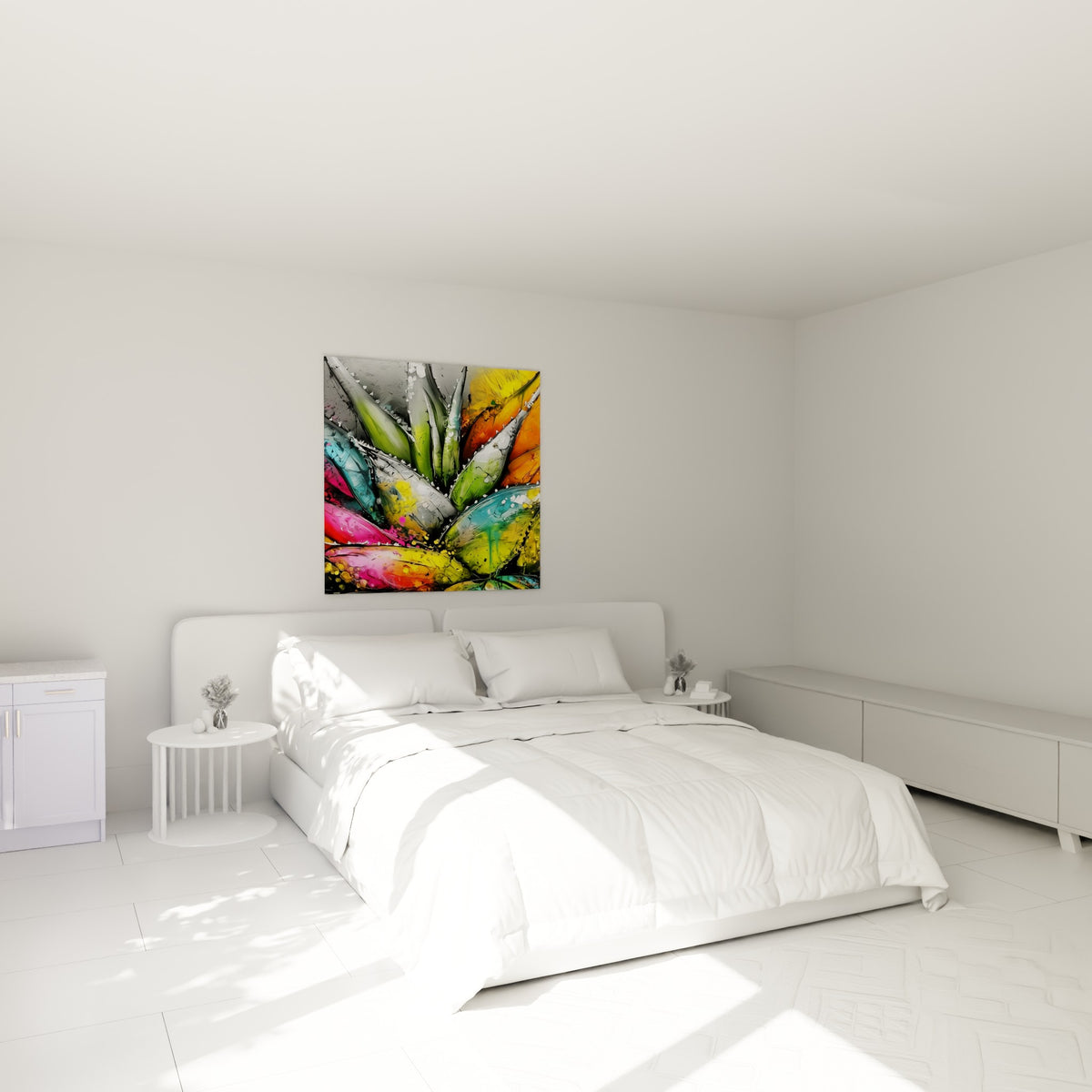 Feuilles d'aloès roses et turquoise en explosion colorée, accrochées au-dessus d'un lit dans une chambre claire