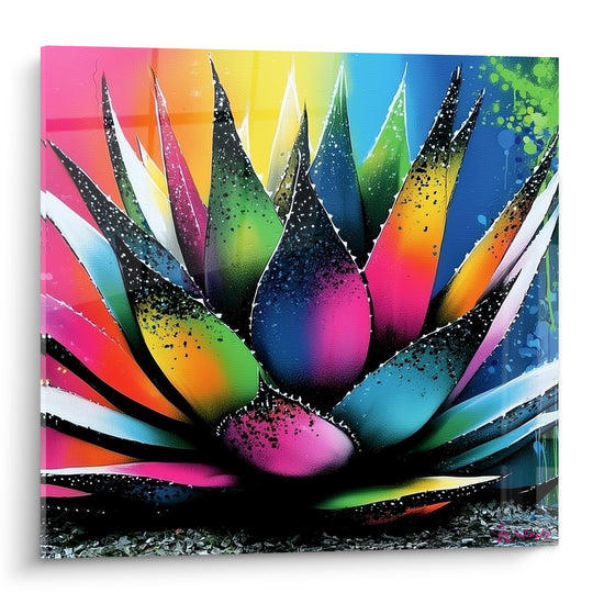 Aloe vera fuchsia et bleu turquoise aux feuilles pointues traitées en dégradé façon peinture aérosol