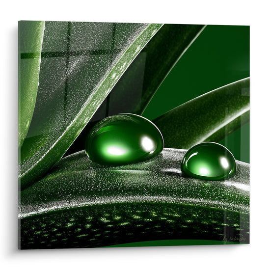 Aloe vera aux feuilles vert émeraude striées, deux gouttes d'eau sphériques posées en gros plan