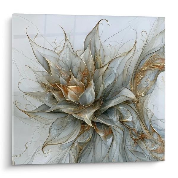 Tableau Aloe vera gris perle et cuivré aux volutes filiformes - Arabesques dorées translucides - Edition Aloe vera