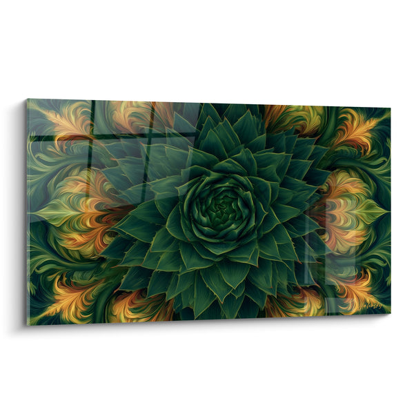 Tableau Aloès vert profond aux volutes ambrées symétriques - Rosace en spirale - Edition Aloe vera