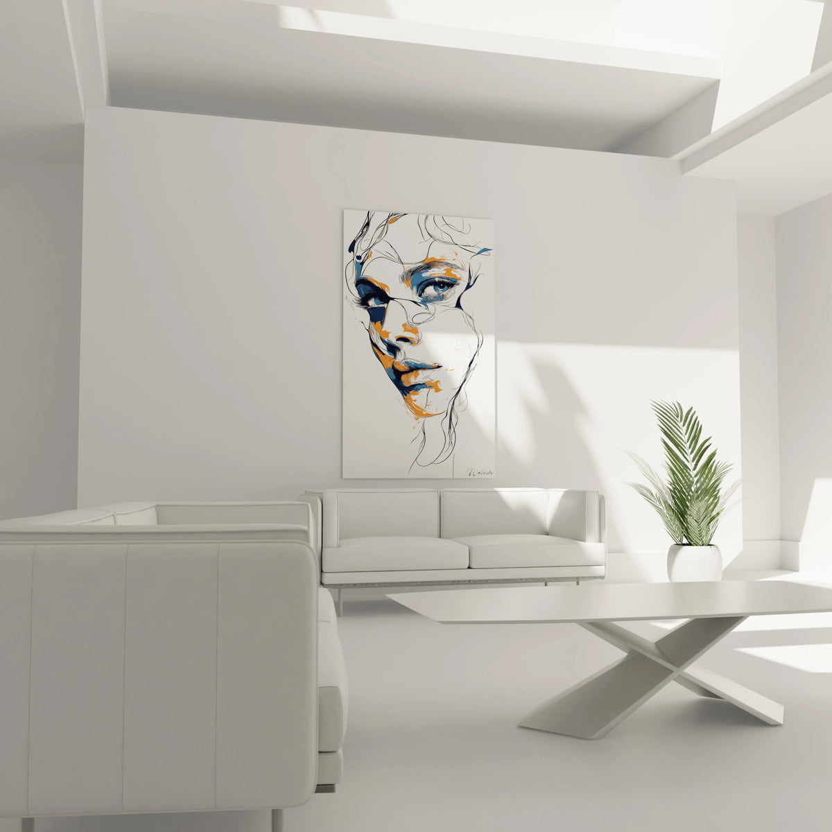 Un tableau visage abstrait contemporain alliant traits fins noirs et aplats de couleurs complémentaires bleu et orange, créant un portrait fragmenté avec un œil magnifiquement détaillé comme point focal.
