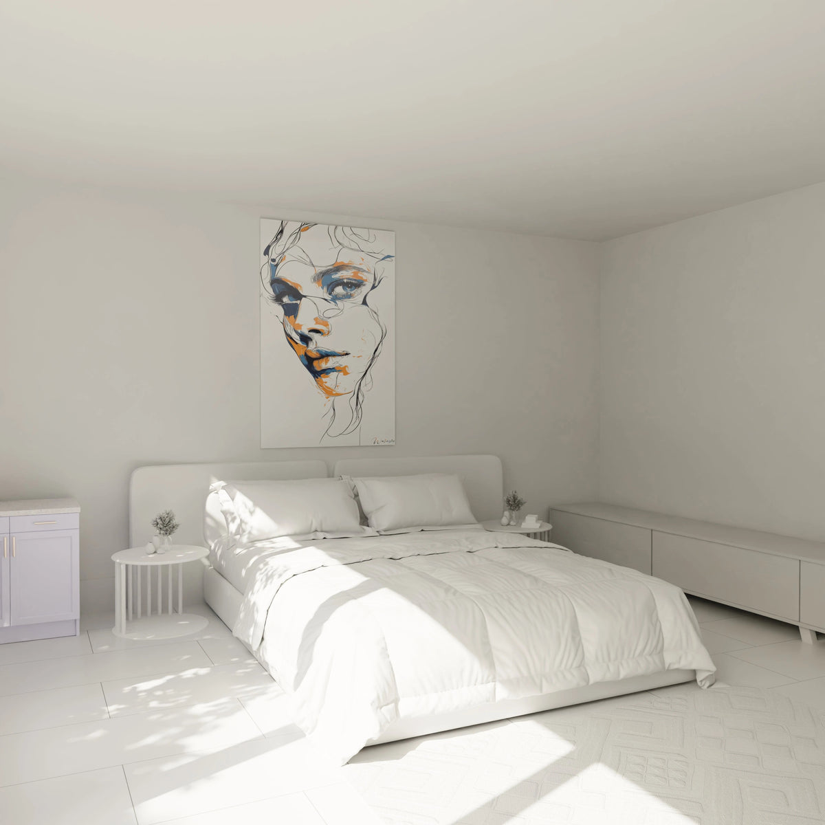 Un tableau visage abstrait minimaliste aux lignes épurées, présentant un portrait de femme avec un regard intensément détaillé en bleu, contrastant avec des zones orange vibrantes et des espaces négatifs blancs.
