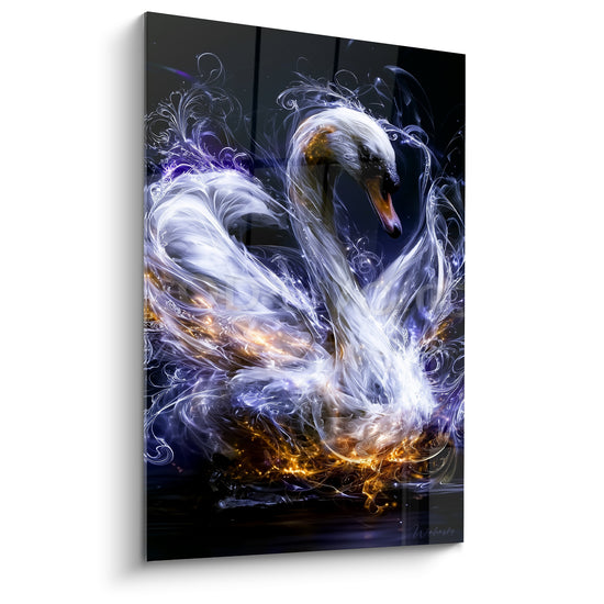 Tableau Cygne blanc et doré aux ailes embrasées - Reflet sur eau sombre - Edition Animaux spectraux