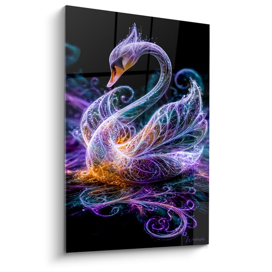 Cygne violet et doré aux plumes filamenteuses se dresse sur fond noir profond, style fractal lumineux