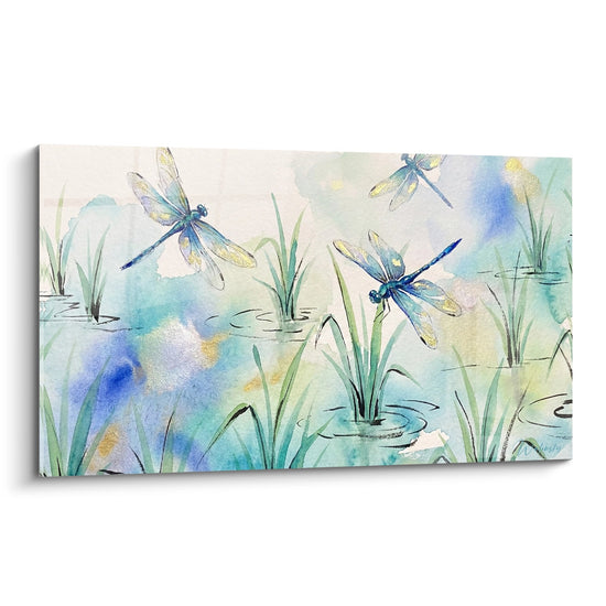 Tableau aquarelle libellules bleues voltigeant au-dessus etang avec roseaux verts edition rizieres