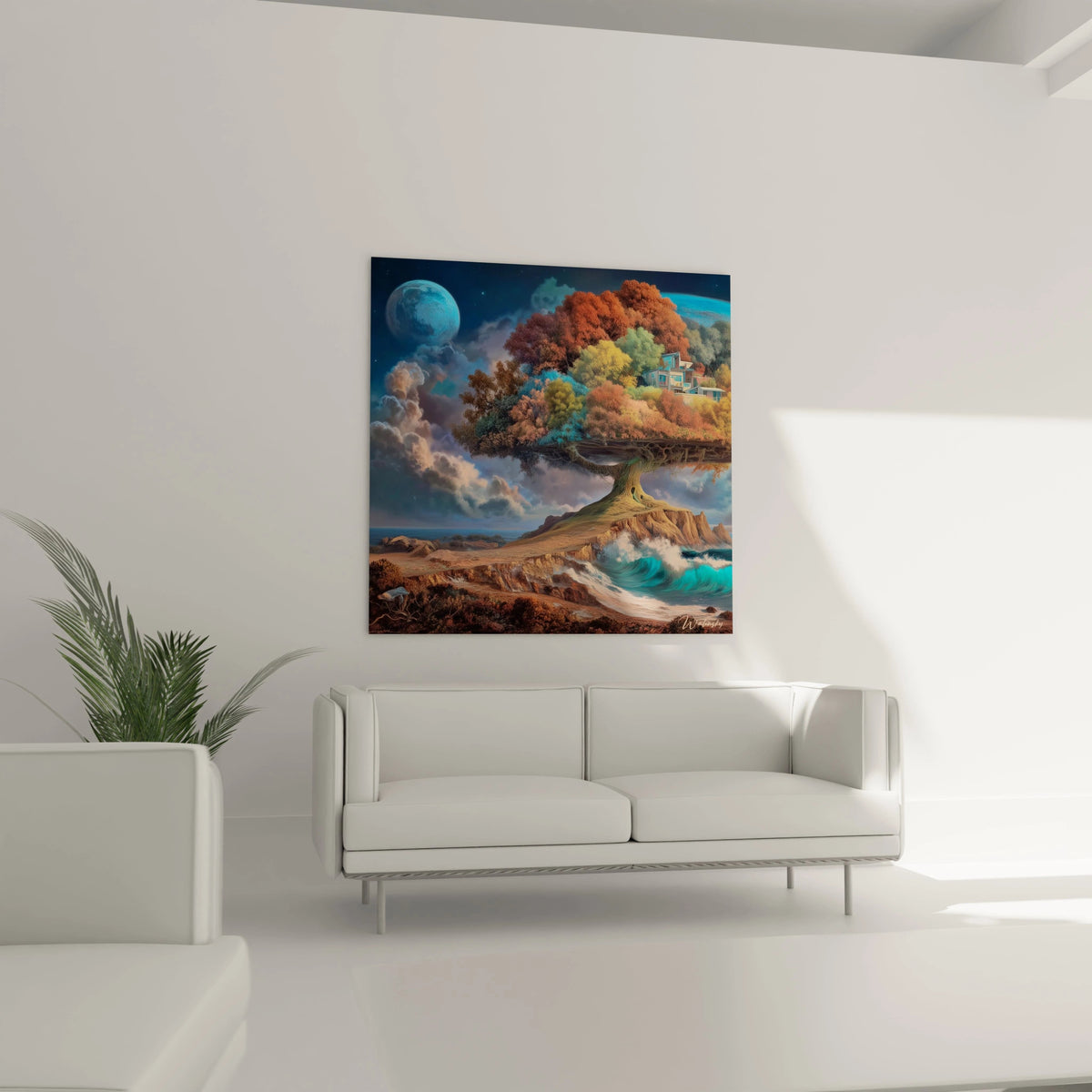tableau arbre surréaliste Walensky accroché au dessus d un canapé blanc dans un salon minimaliste arbre coloré vagues et planète
