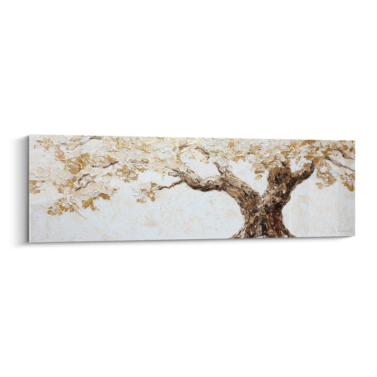 Tableau arbre de vie aux feuillages dorés et bronze sur fond beige, style relief automnal panoramique
