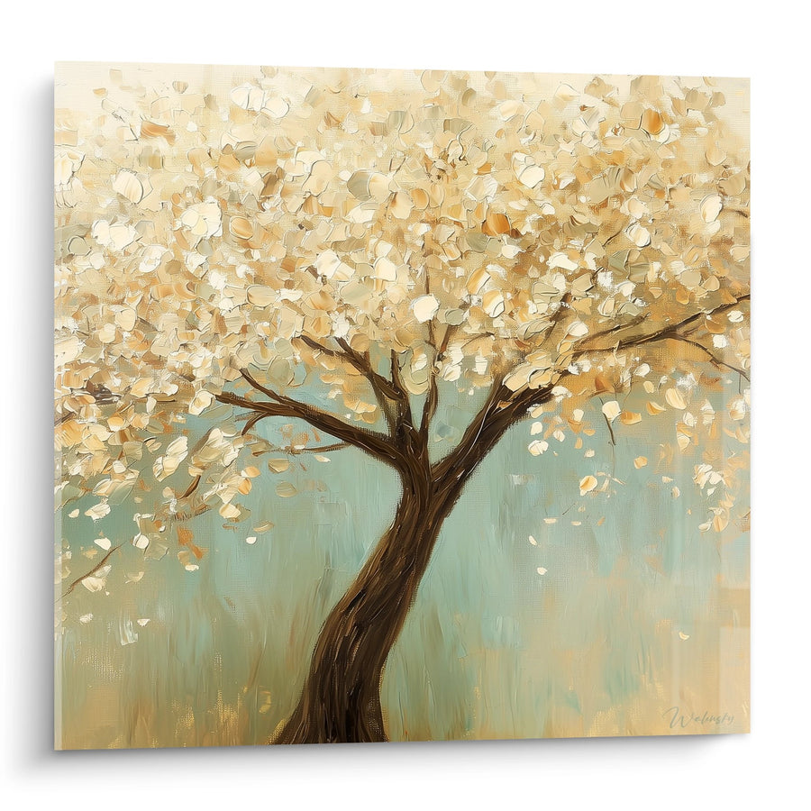Tableau arbre aux tons dorés et crème sur fond vert pastel - Lumière automnale - Edition arbre de vie