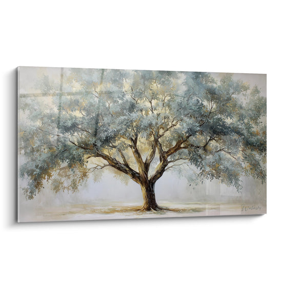 Tableau arbre de vie aux tons gris bleus et dorés, style brumeux et apaisant sur toile