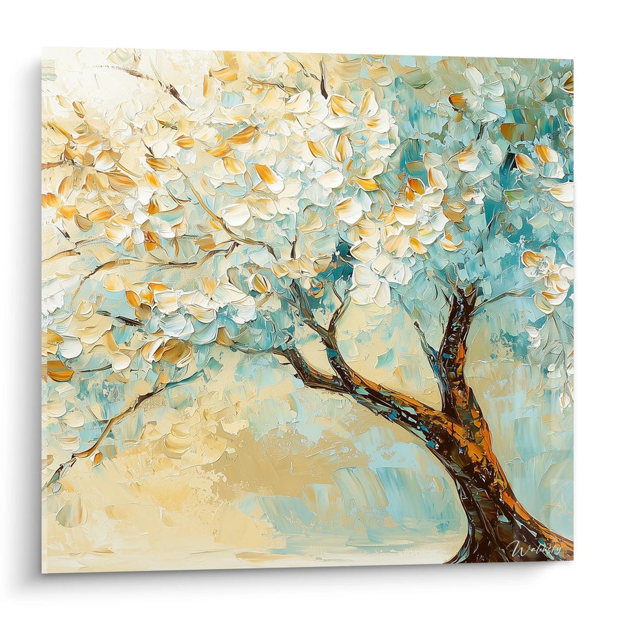 Tableau branches fleuries aux tons turquoise et dorés - Épanouissement printanier - Edition arbre de vie