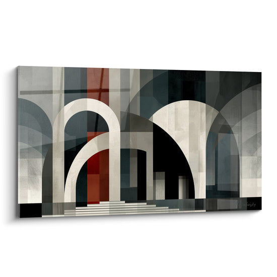 Arches ivoire et anthracite superposées, colonne rouge terracotta et marches blanches en architecture abstraite