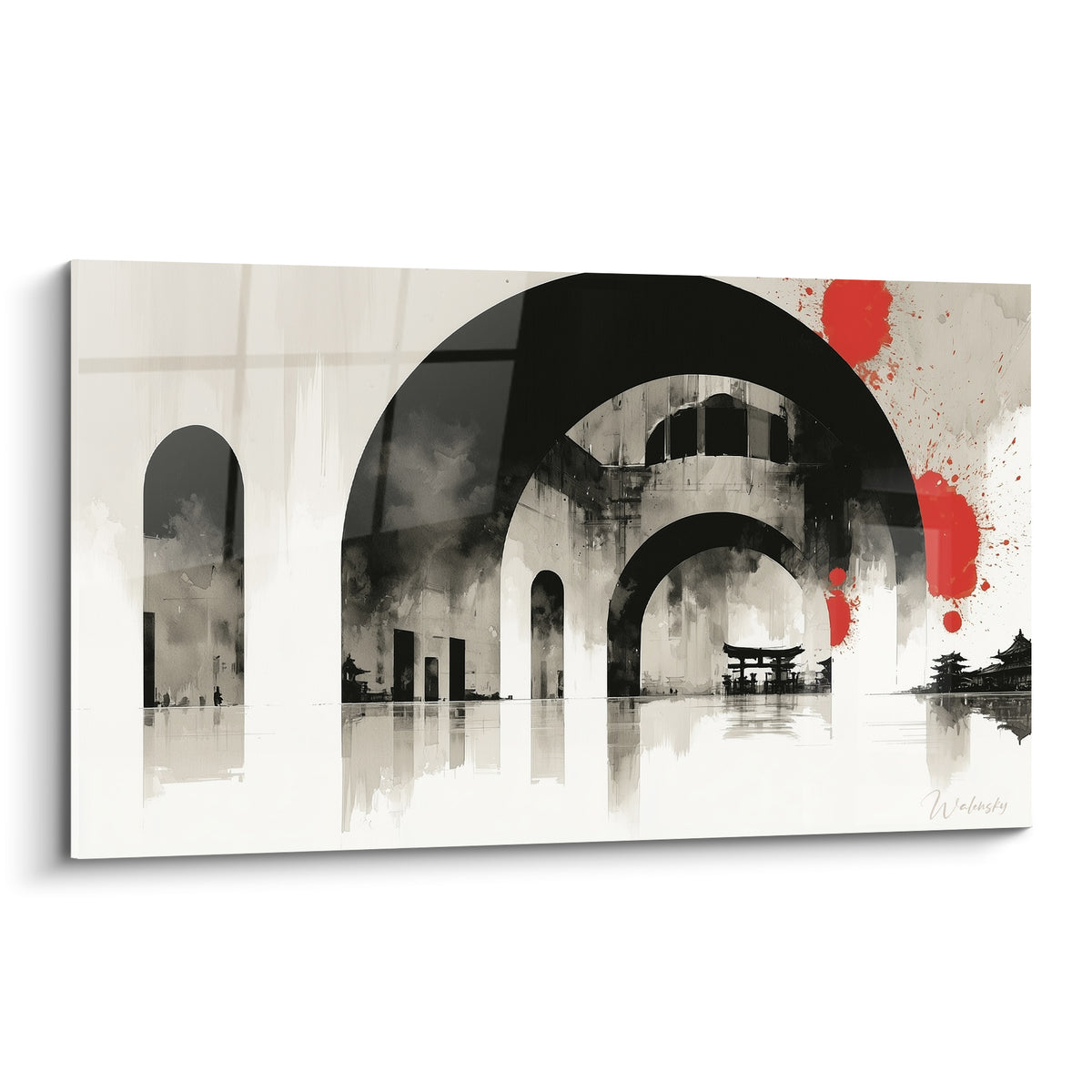 Arches noires concentriques et éclats rouge vif sur fond ivoire, tableau architecture abstraite oriental