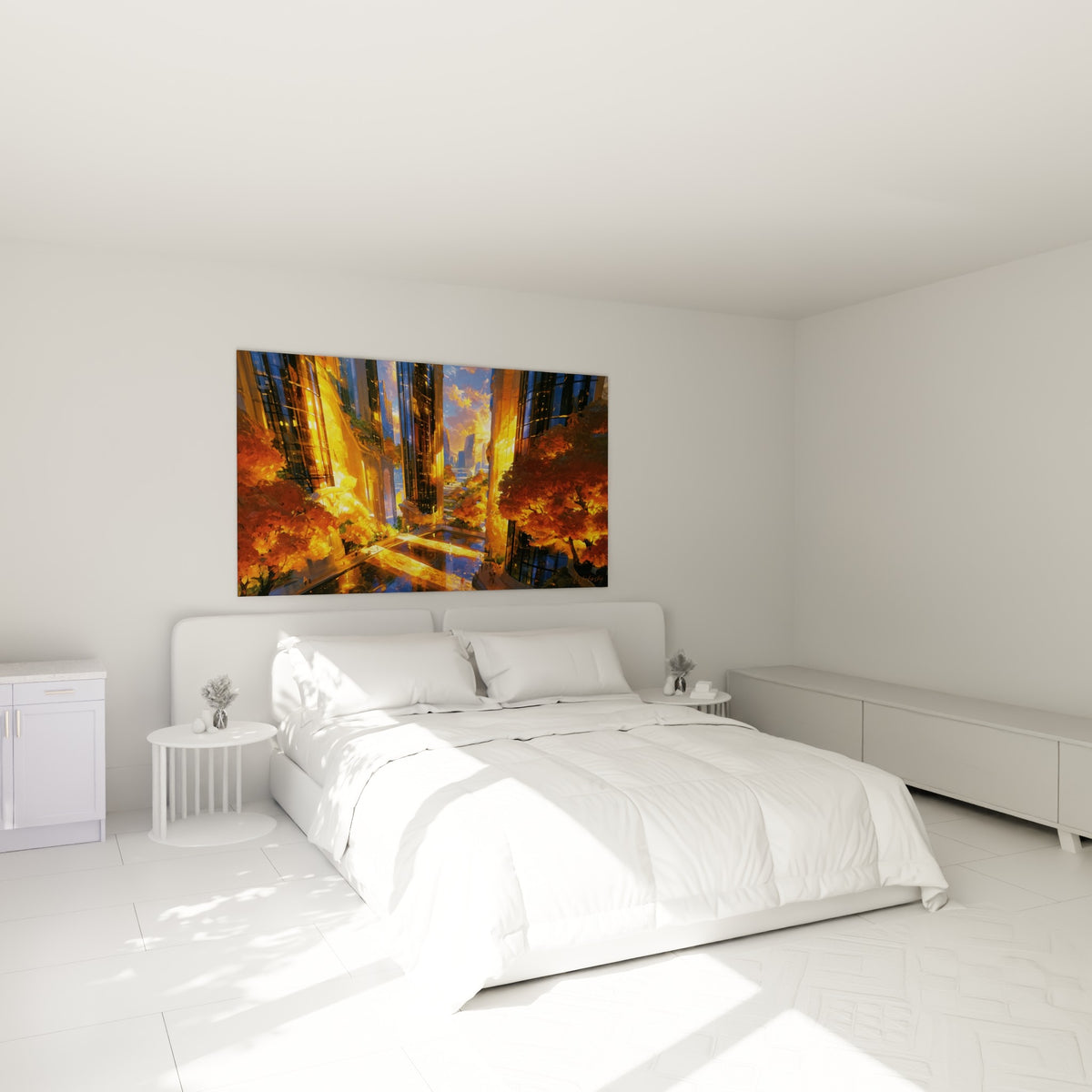 Tours dorées et bleu marine se dressant au-dessus d'un lit dans une chambre claire, ambiance architecture abstrait