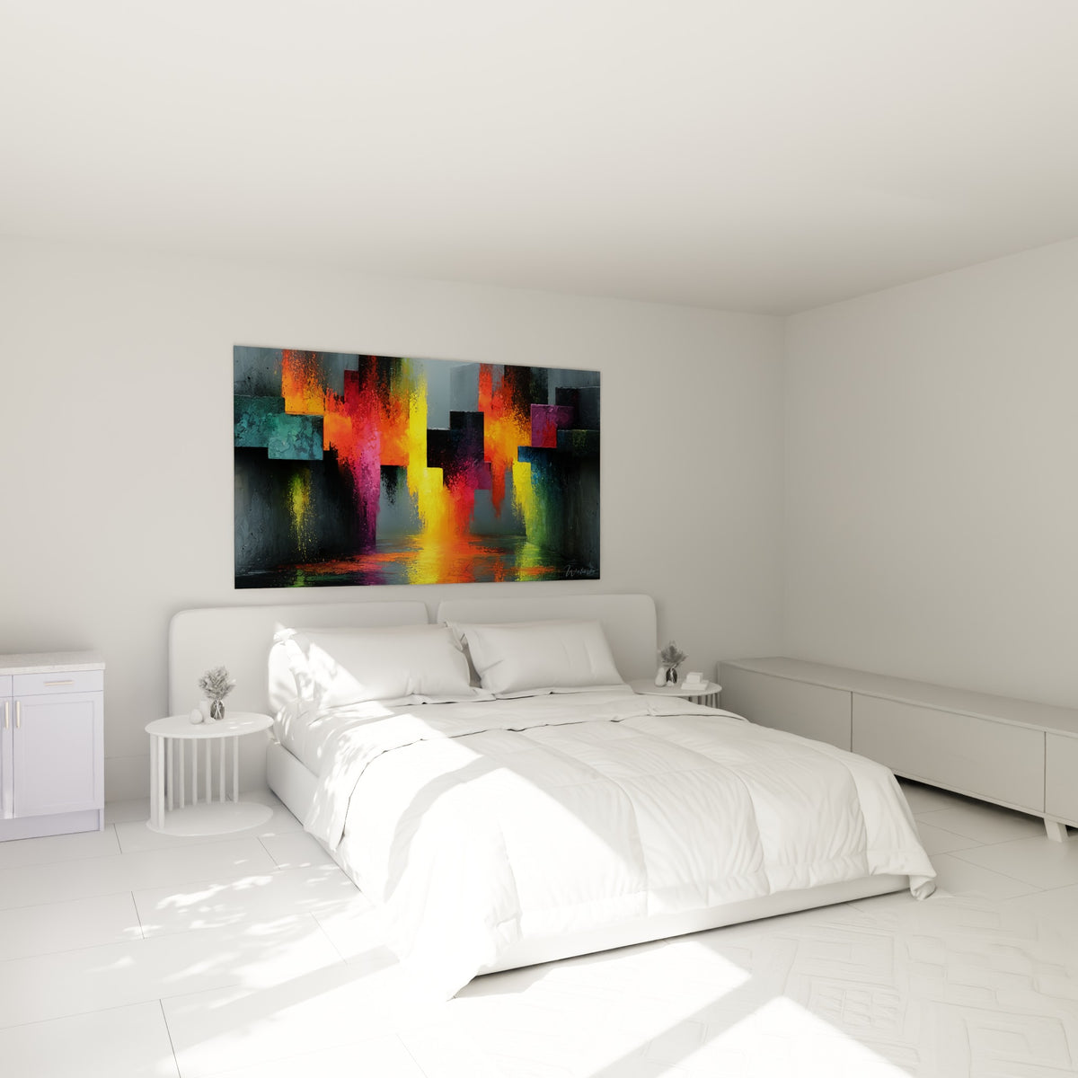 Structures grises et lumière orangée composent ce tableau architecture abstrait au-dessus d'un lit dans une chambre claire