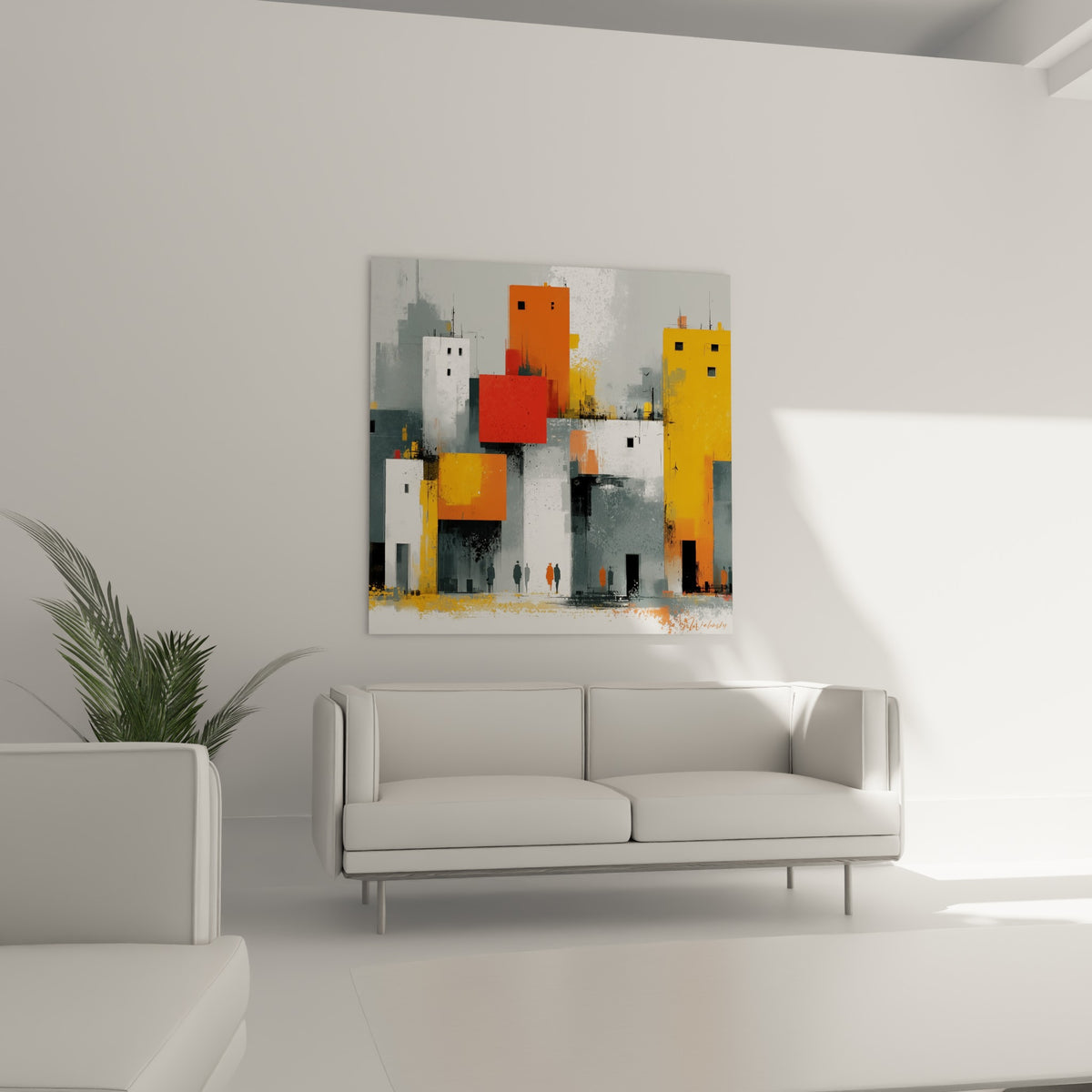Blocs architecturaux orange, rouge et gris texturés, installés au-dessus d'un canapé dans un salon lumineux