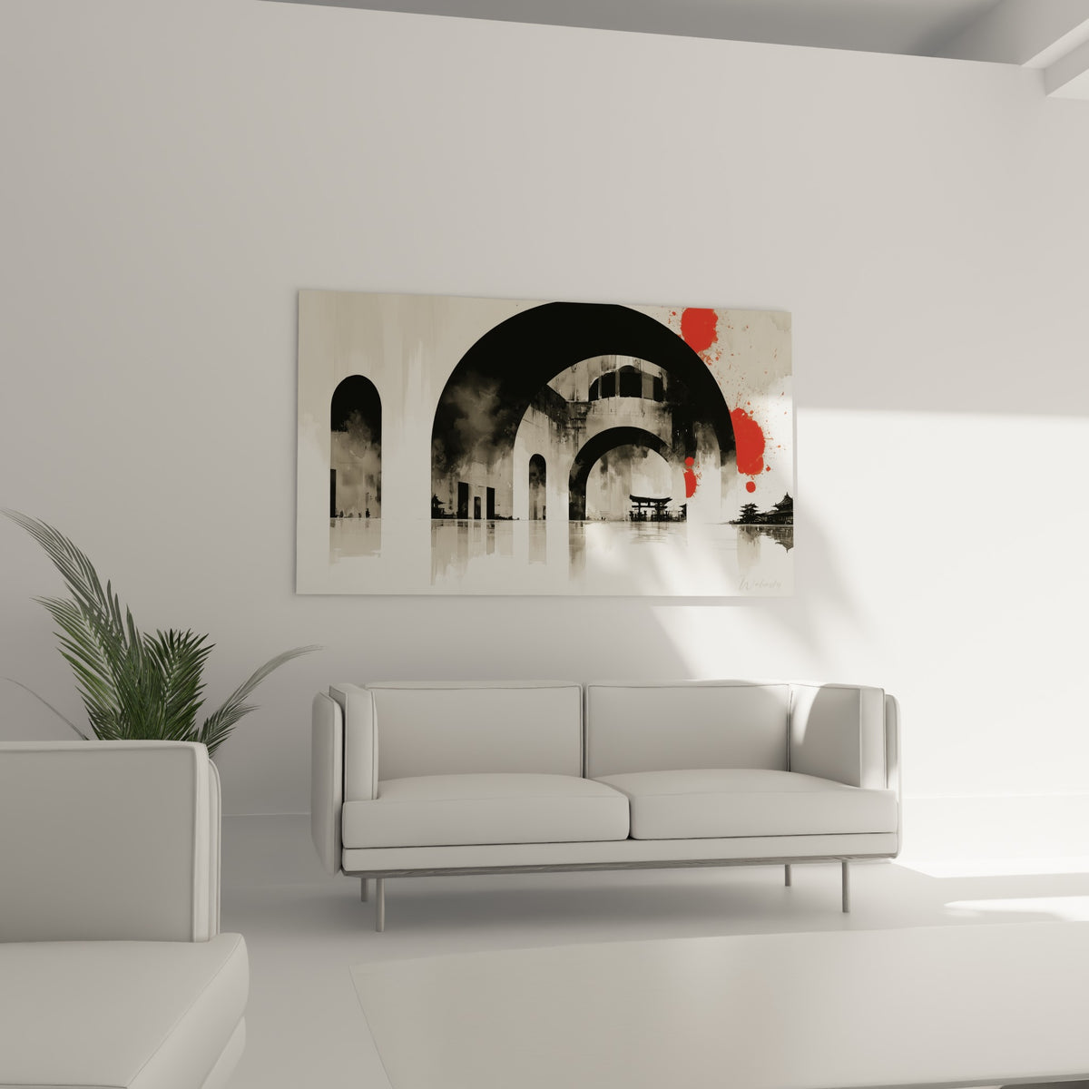 Silhouettes de pagodes noires et rouge vif du tableau architecture abstraite au-dessus d'un canapé dans un salon lumineux