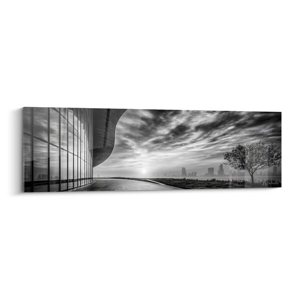 Tableau Bâtiment courbé noir et blanc au lever du soleil - Lever de jour urbain - Edition Architecture abstrait
