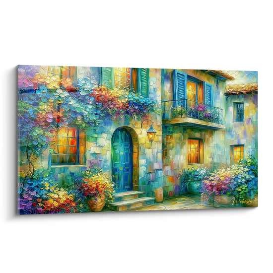Façade méditerranéenne aux volets bleu ciel et fleurs violettes, porte turquoise et lumière dorée