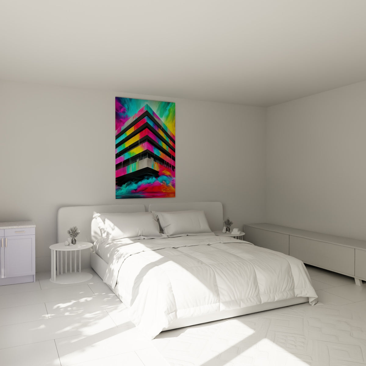 Façade colorée en fuchsia et turquoise, tableau architecture abstrait au-dessus d'un lit dans une chambre claire