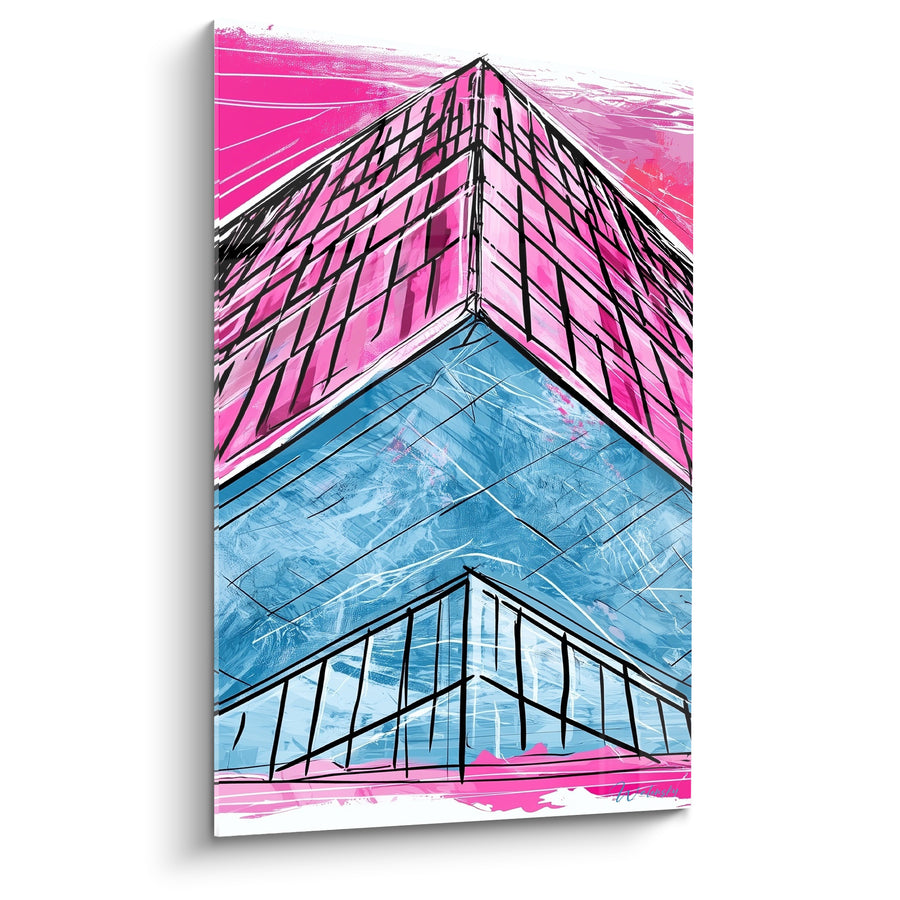 Tableau Gratte-ciel rose et bleu aux vitrages quadrillés - Angle vertical saisissant - Edition Architecture abstrait