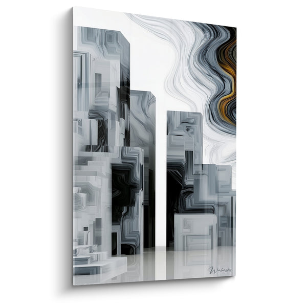Tableau Gratte-ciel gris et blanc au ciel marbré - Volutes fumées ambrées - Edition Architecture abstrait