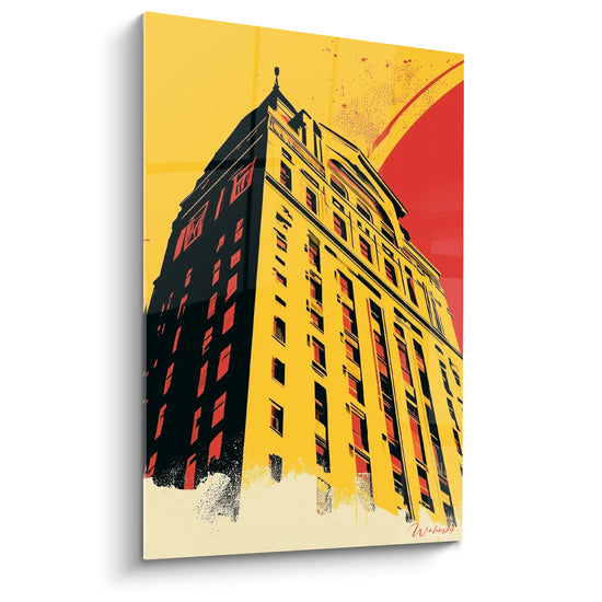 Gratte-ciel jaune et rouge en contre-plongée, façade noire, style affiche graphique urbaine