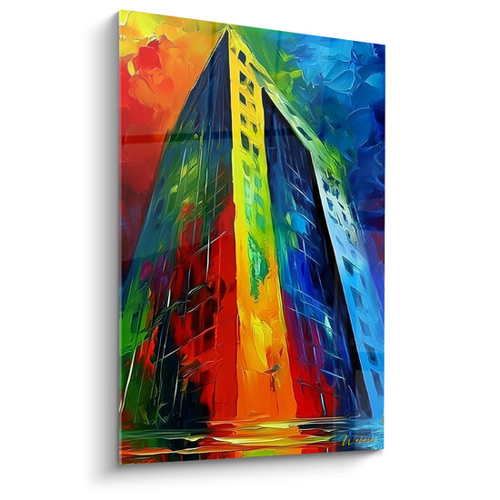 Tableau Gratte-ciel rouge et bleu aux fenêtres multicolores - Façade incandescente pointue - Edition Architecture abstrait