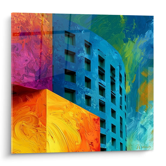 Immeuble bleu turquoise incurvé et blocs orange, magenta en peinture texturée épaisse