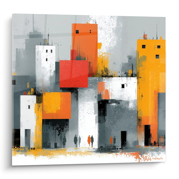 Tableau Immeubles urbains gris et orange animés - Pulsation citadine - Edition Architecture abstrait