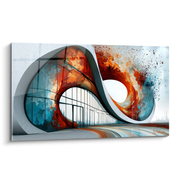 Tableau Bâtiment infini aux teintes orange et bleu - Tourbillon futuriste - Edition Architecture abstrait