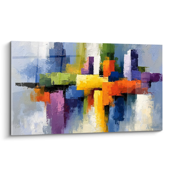 Architecture abstraite en blocs jaunes, violets et oranges texturés à la peinture au couteau
