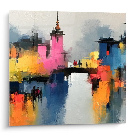 Pont noir traversant un canal blanc, tour rose fuchsia et façades bleu marine et ocre