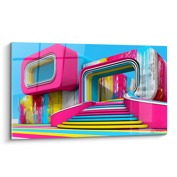Tableau Escalier rose et jaune aux arches concentriques - Mur éclaboussé multicolore - Edition Architecture abstrait