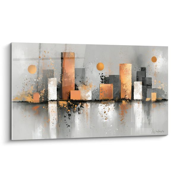 Tableau Skyline gris et orange aux trois soleils - Éclaboussures noires au sol - Edition Architecture abstrait