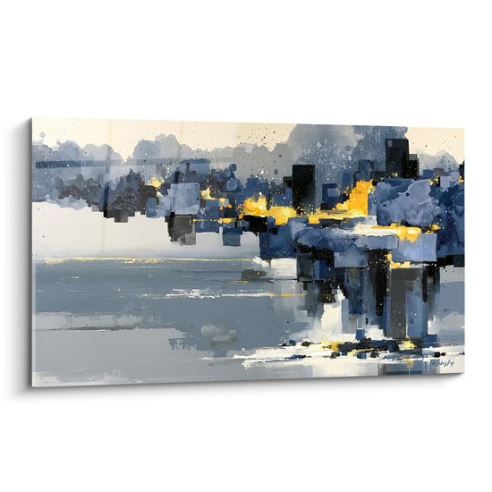 Skyline abstraite bleu marine et dorée avec reflets sur l'eau, style architecture abstrait expressif