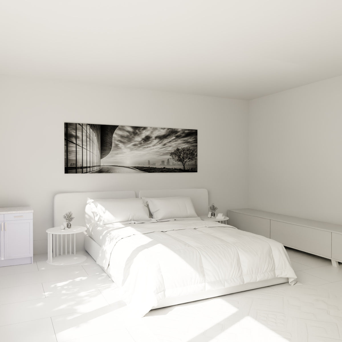 Bâtiment moderne noir et gris sous ciel dramatique, au-dessus d'un lit dans une chambre claire