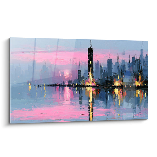 Tableau Skyline rose et bleu à la tour centrale illuminée - Reflets sur l'eau calme - Edition Architecture abstrait