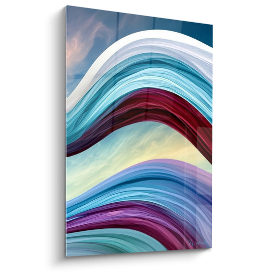 Vagues fluides bleu marine, bordeaux et turquoise composant ce tableau architecture abstrait aux reflets brillants