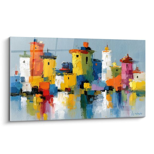 Tableau Village lacustre jaune et orange aux tourelles empilées - Reflets flottants multicolores - Edition Architecture abstrait