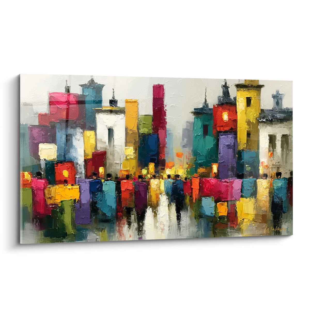 Immeubles fuchsia et turquoise animés par une foule sur toile texturée à l'huile abstraite