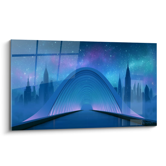 Passerelle arquée bleu marine et violette sur fond de skyline étoilée, arche lumineuse futuriste