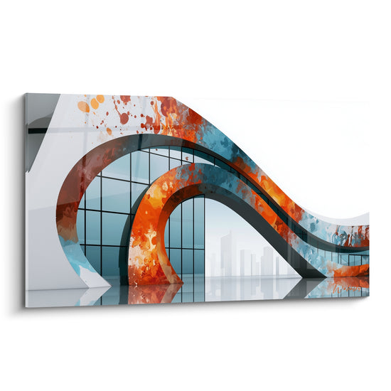Courbes architecturales orange fauve et bleu pétrole traversant une façade vitrée abstraite